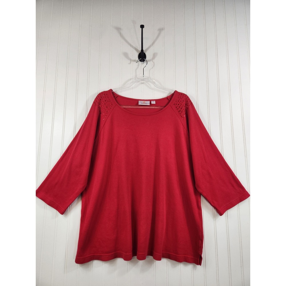 Quacker Factory Women's Red 100% Cotton Rhinestone Shoulder 3/4 Sleeve Top 2X